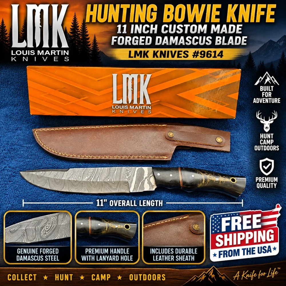 Hunting Bowie Knife 11 Inch Custom Made Forged Damascus Blade LMK Knives #9614